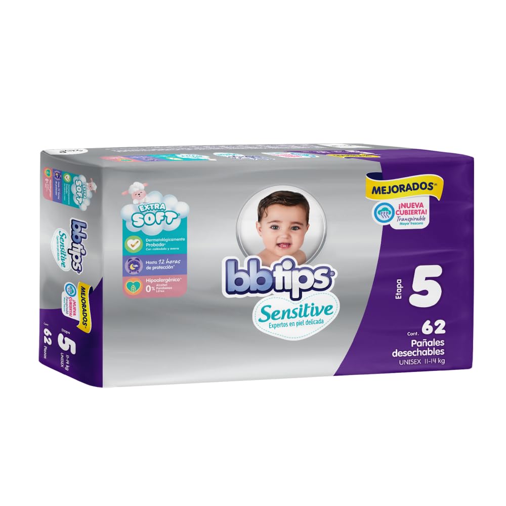 BBtips Sensitive Pañales, Talla Extra Grande/5, 124 Pañales