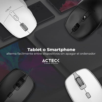 Acteck Optimize Ergo MI680 Mouse Multidispositivo, 2.4 GHz + 2 Modos Bluetooth, hasta 1600 dpi, 6 Botones, Ergonómico, Incluye 1 Batería AA (Negro)