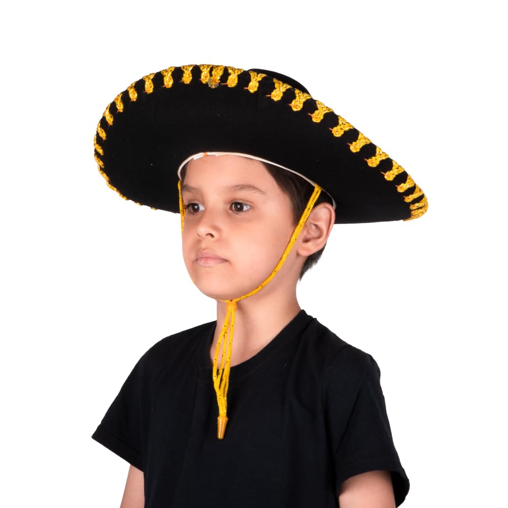 REV Sombrero de Charro Oro Chico Niño Sombrero Mexicano Tradicional Disfraz Charro Infantil para Fiestas Patrias Halloween Carnaval Eventos Culturales Accesorio Mexicano