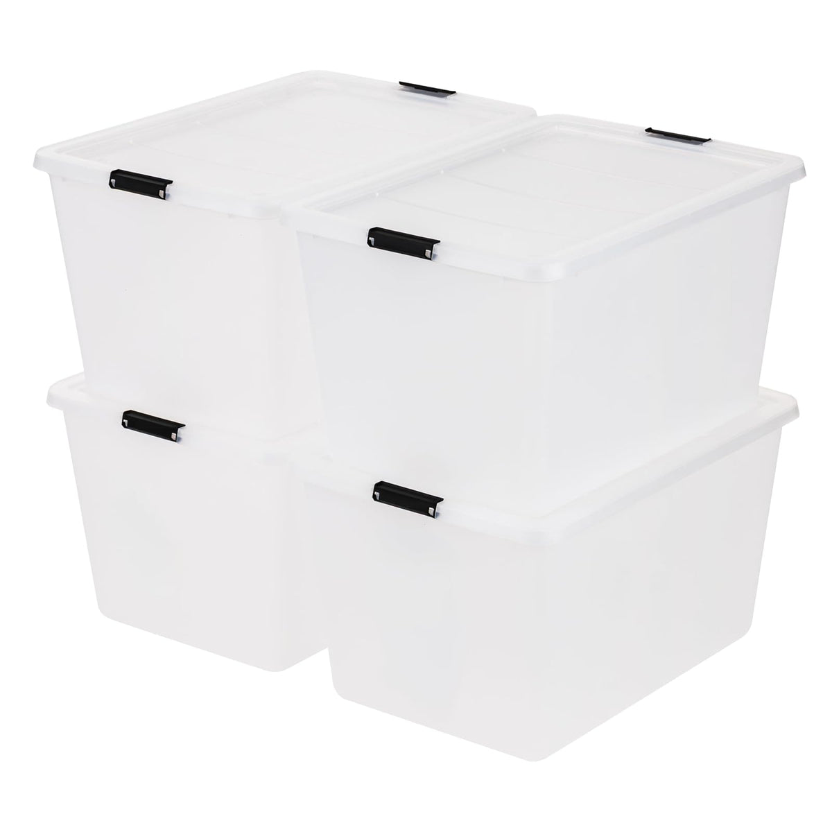 IRIS USA Paquete de 4 Cajas Clip de Alta Capacidad de 52 L con Tapa y Cierres, Contenedores de Almacenamiento para Hogar, Oficina y Aula, Transparente