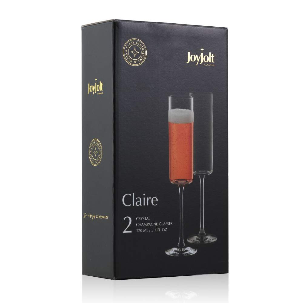 JoyJolt - Juego de 2 copas de champaña de vidrio de la colección Claire, capacidad de 6.5 onzas, exquisita artesanía, ideal para el hogar, bar y ocasiones especiales, fabricado en Europa