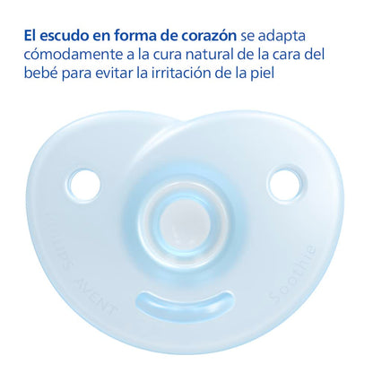 Philips Avent Chupón Soothie Heart Ortodóntico Azul | Mayor confort para su carita | Silicona grado médico | Forma corazón que evita tocar la nariz | 0-6 m | 2 pz | SCF099/21
