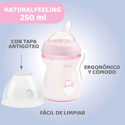 CHICCO, Biberón Natural Feeling, Color Rosa, 250 ml