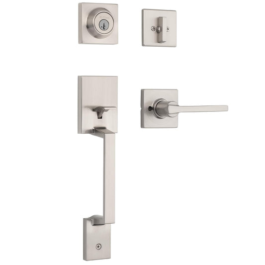 Kwikset Amador - Juego de manija y cerrojo para puerta delantera, mango de entrada exterior con palanca reversible Casey, níquel satinado, seguridad SmartKey Rekey resistente a las púas, con