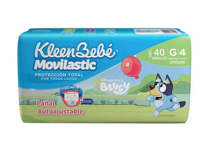 KleenBebé Movilastic Bluey Pañal Desechable para bebé, Talla Grande Unisex, Paquete con 40 Piezas, Ideal para Bebés de 9 a 12 kg
