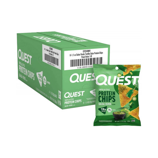 Quest Nutrition Tortilla Chips de Proteína Horneada sabor Salsa Verde - 19g de Proteína por Bolsa, Bajas en Azúcar y Carbohidratos, Gluten Free - Caja con 8