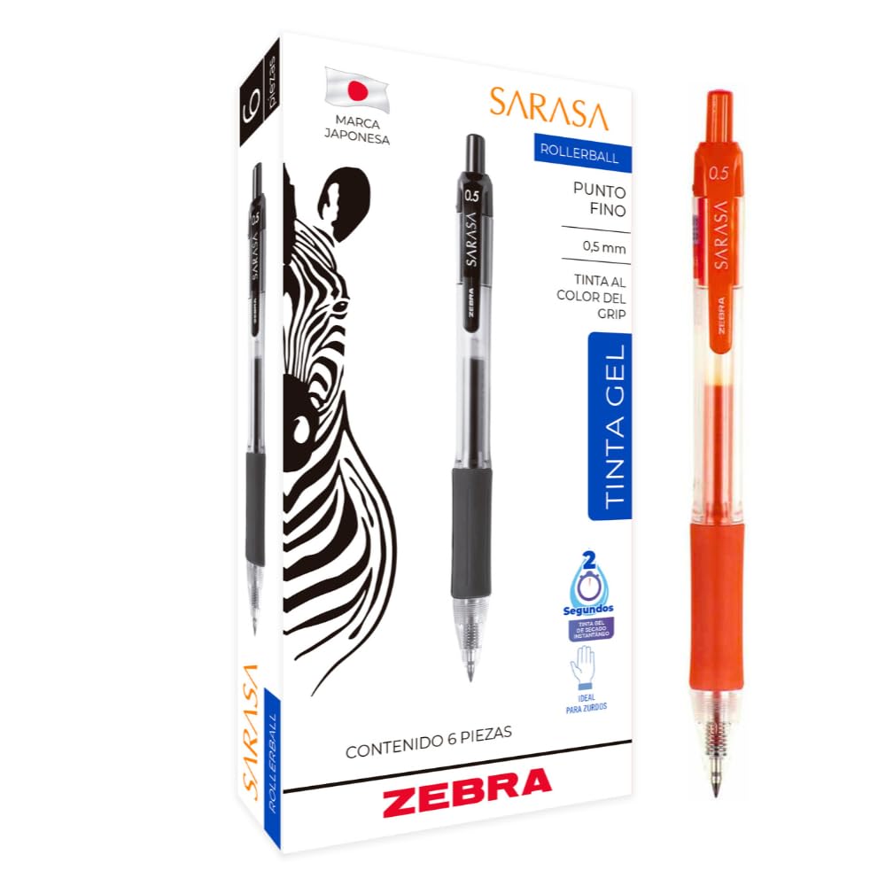 Zebra Bolígrafo Retráctil Sarasa Punto 0.5 mm Tinta Gel Secado Rápido Caja 6 Piezas (Rojo)