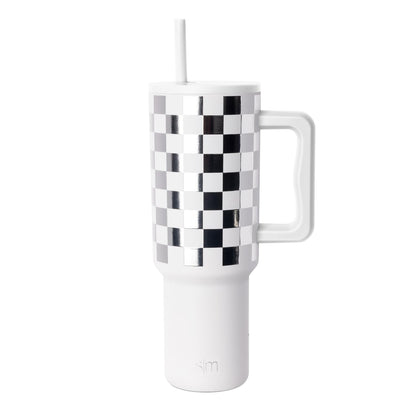 Simple Modern Trek Vaso Térmico con Asa y Popote, Acero Inoxidable, 890-1180 ml - 1180ml - Pattern: Silver Bell Checkmate