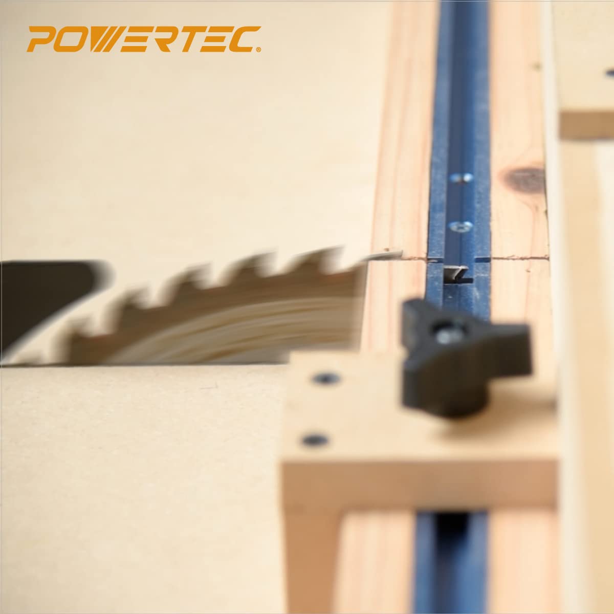 POWERTEC - Kit de sierra de mesa con riel en T de 12 pulgadas, barra de inglete de polietileno de alta densidad de 19 pulgadas, juego de perillas, pernos y tornillos para trineo de corte transversal