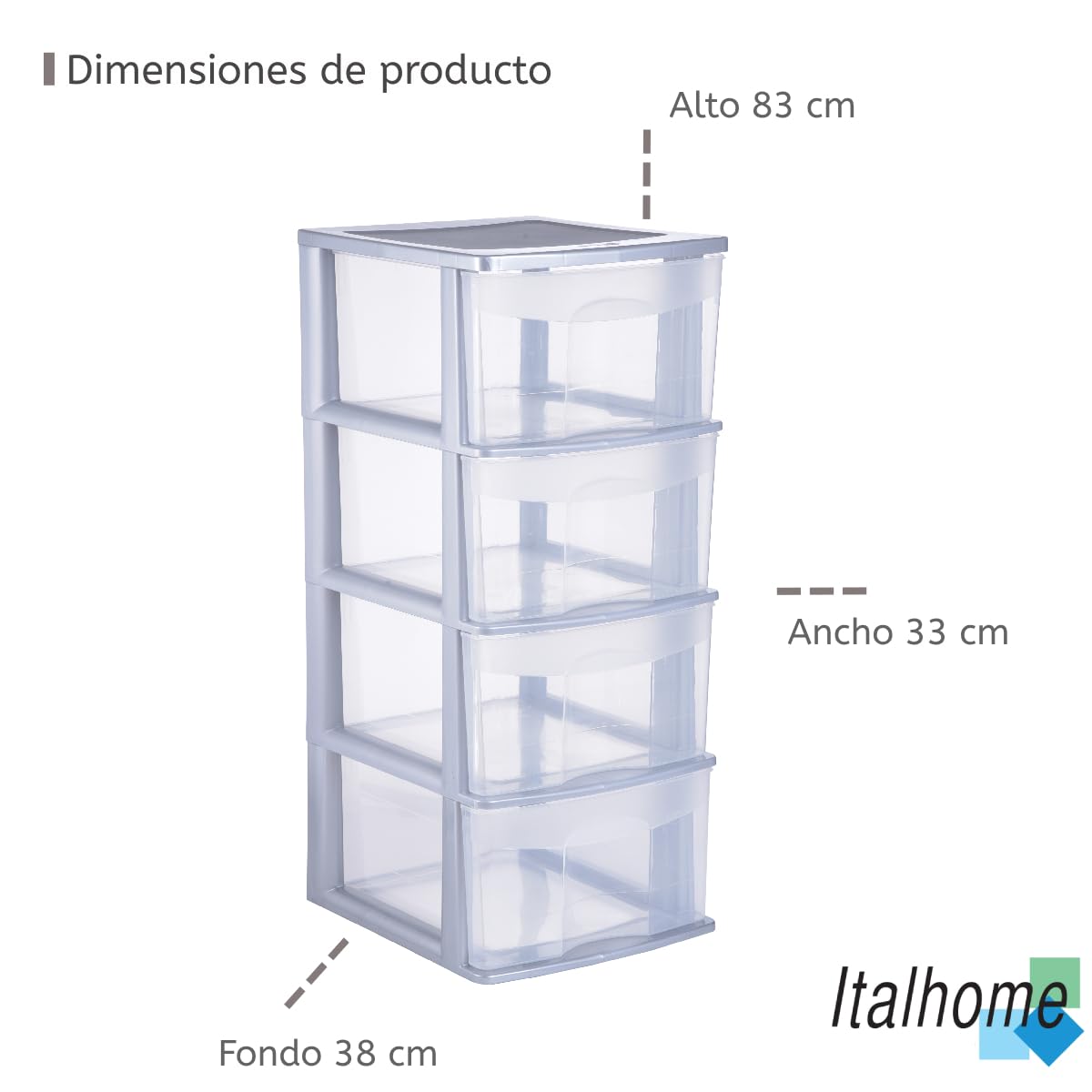 Italhome Cajonera ONYX 4 de Plástico Gris con 4 Cajones Transparentes, Organizador Multiusos para Recámara, Oficina o Cocina