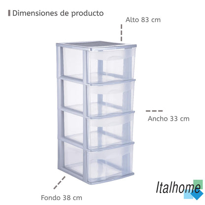 Italhome Cajonera ONYX 4 de Plástico Gris con 4 Cajones Transparentes, Organizador Multiusos para Recámara, Oficina o Cocina