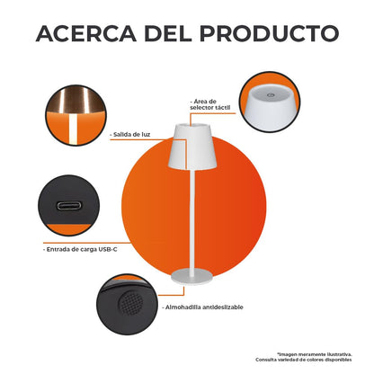 Tecnolite - Lámpara de Mesa LED 5 W Portátil, Recargable, Luz Blanca Ajustable y Atenuable Táctil, Lámpara Interior para Restaurante
