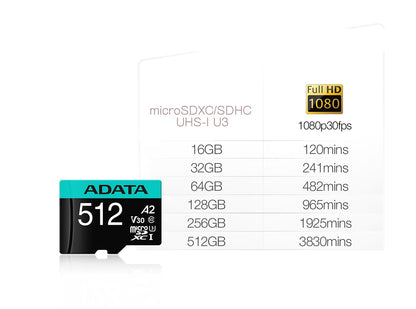 ADATA Premier Pro Tarjeta de Memoria MicroSD de 512GB MicroSDXC/SDCH UHS-I U3 Class 10 (V30S) A2