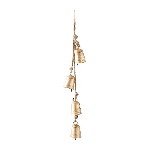 Deco 79 - Campanas Decorativas de Vaca de Metal Hechas a Mano con 4 Campanas en Yute para Colgar, 4 x 3 x 29 Pulgadas, Dorado