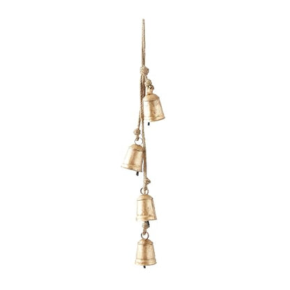 Deco 79 - Campanas Decorativas de Vaca de Metal Hechas a Mano con 4 Campanas en Yute para Colgar, 4 x 3 x 29 Pulgadas, Dorado