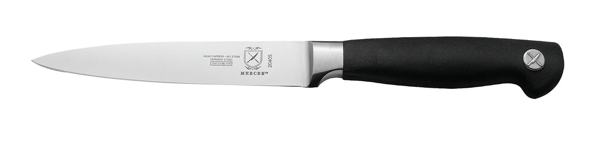 Mercer Culinary Genesis Juego de bloque con 6 cuchillos forjados, Bloque de madera con vidrio templado, Negro/Acero, 15" x 4" x 10", 1, 1