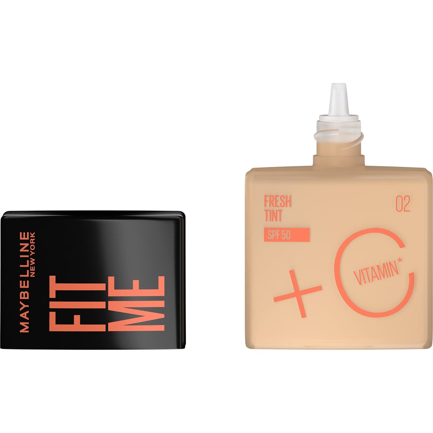 Maybelline Base de maquillaje Fit Me Fresh Tint 02, 30 ml, larga duración, alta cobertura, para todo tipo de piel, fórmula con Vitamina C y protector solar FPS50