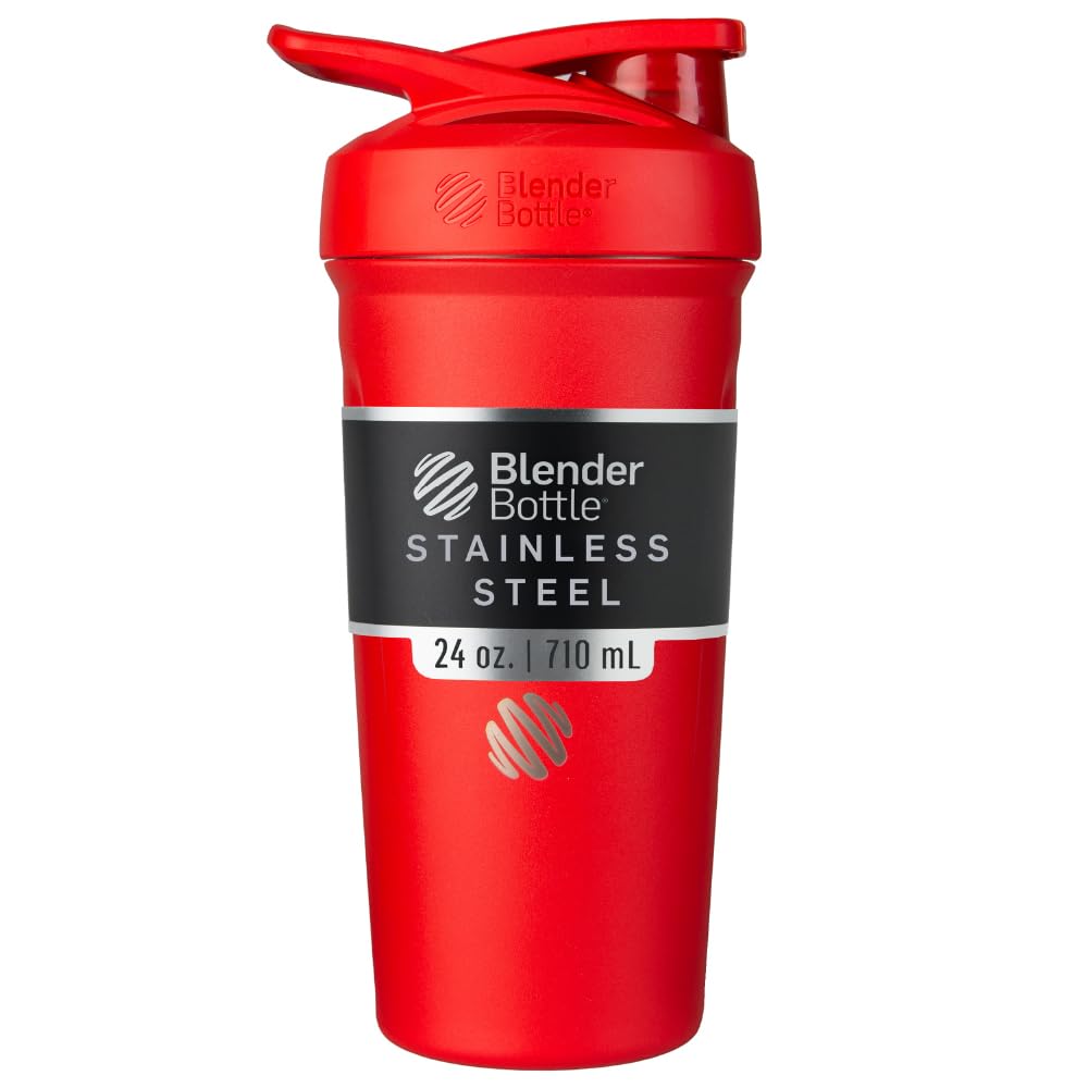 BlenderBottle Strada Shaker Cup Botella de agua aislada de acero inoxidable con batidor de alambre, 24 onzas, rojo