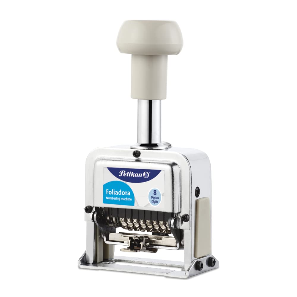 Pelikan Foliadora de Acero Inoxidable de Enumeración Automática con 8 Digitos. Incluye 2 Almohadillas.