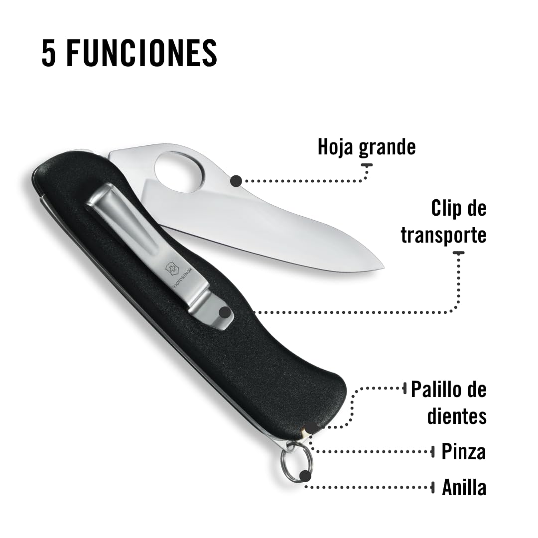 Victorinox Navaja Sentinel, Negra, 5 Usos | Cuchillo de bolsillo con apertura de una mano con clip de bolsillo, pinzas y palillo de dientes. Mango de poliamida de 111 mm