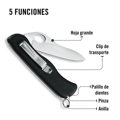 Victorinox Navaja Sentinel, Negra, 5 Usos | Cuchillo de bolsillo con apertura de una mano con clip de bolsillo, pinzas y palillo de dientes. Mango de poliamida de 111 mm