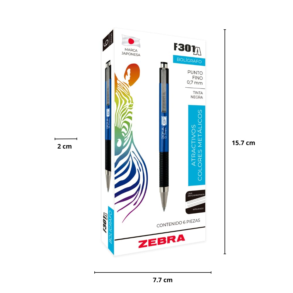 Zebra F-301 A Bolígrafo Retráctil Tinta Base Aceite Punto 0.7 mm Caja 6 Piezas (Azul)