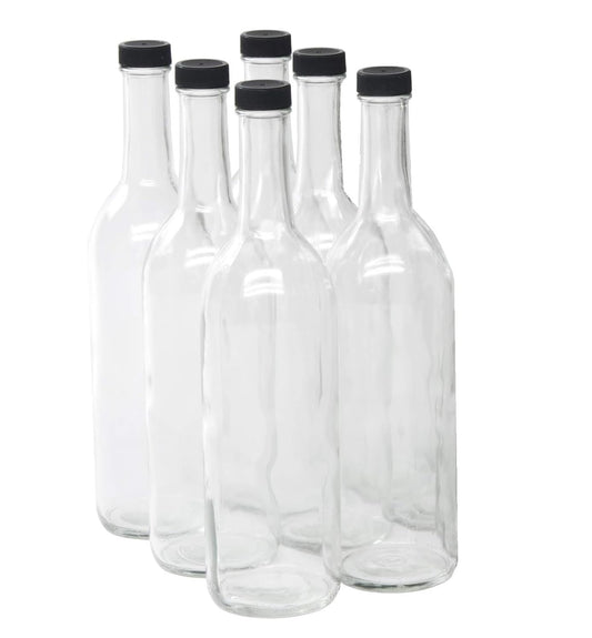 North Mountain Supply - Botella de vino de vidrio transparente de 750 ml, acabado de fondo plano, con tapas de plástico negro de 28 mm, caja de 6 unidades