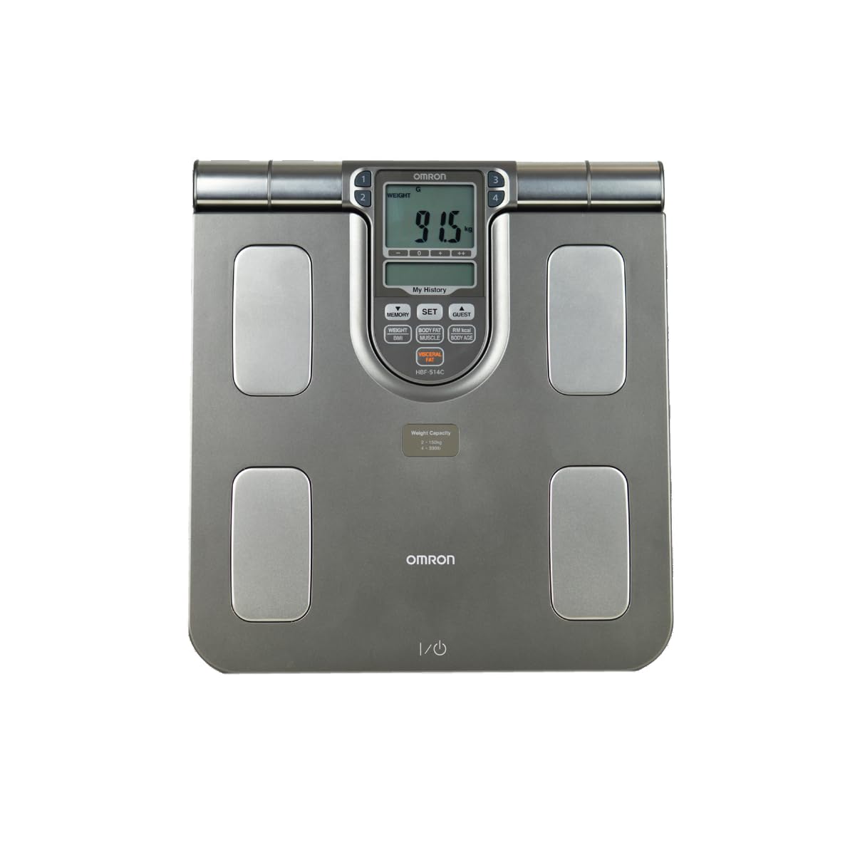 OMRON Báscula Corporal Digital HBF-514C, 7 Indicadores de Salud | 7 indicadores: IMC, metabolismo basal, grasa visceral, % músculo esquelético. 4 perfiles + invitado. Memoria 1/7/30/90 días.