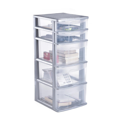 Italhome Cajonera FOX 5 de Plástico 5 Cajones Transparentes, Organizador Multiusos Desarmable para Hogar y Oficina, Mueble Resistente Fácil Armado, Color Gris