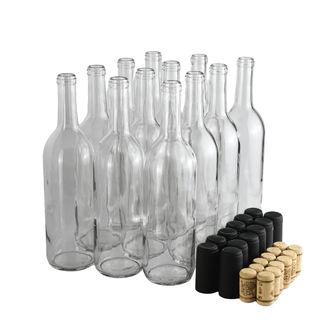 FastRack - Botellas de vino transparentes de 750 ml (paquete de 12) con corcho natural número 8 y mangas retráctiles negro mate, botellas de licor de color burdeos W5/parte superior de corcho de fondo
