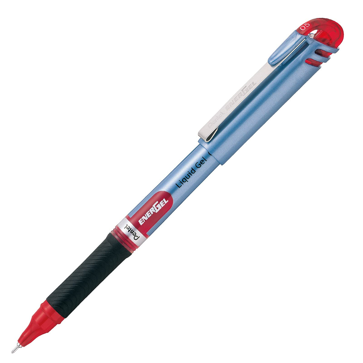 Pentel EnerGel Bolígrafo de Gel Líquido, Punta de Aguja, 0.5 mm, Cuerpo Azul Claro, Tinta Roja, Caja con 12 Piezas, BLN15-B