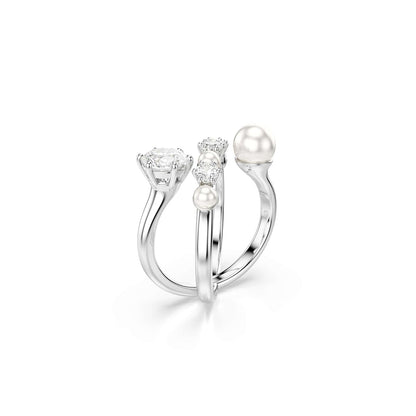 Swarovski Anillo de cóctel Matrix, Perla de cristal, Talla redonda, Blanco, Baño de rodio