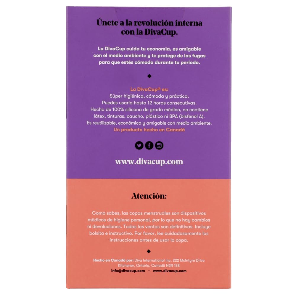 DivaCup Copa Menstrual Reutilizable Modelo 0 – 100% Silicona Médica, Hasta 12 Horas de Protección, Sin BPA ni Látex, Ecológica y Cómoda para Uso Diario