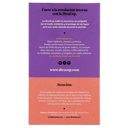 DivaCup Copa Menstrual Reutilizable Modelo 0 – 100% Silicona Médica, Hasta 12 Horas de Protección, Sin BPA ni Látex, Ecológica y Cómoda para Uso Diario