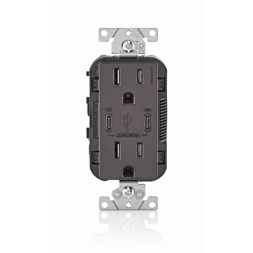 Leviton 006-T5635-00B Combinación Contacto Doble a Prueba de Manipulaciones y Contacto USB tipo C/C, Café