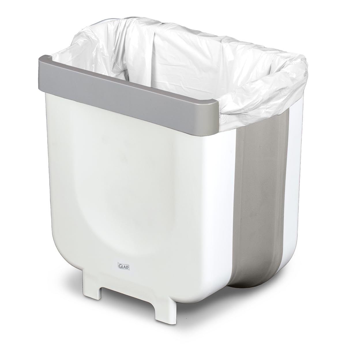 Glad Roomate - cubeta de basura plegable | cubeta de basura de viaje compacto con diseño expandible que ahorra espacio | Cesta de eliminación para interiores y exteriores, 2 galones, color blanco