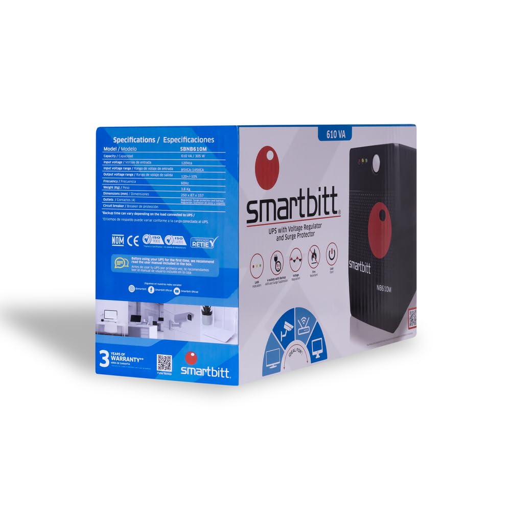 Smartbitt No Break Interactivo de 610 VA / 305 W con 4 Contactos, Negro, SBNB610M