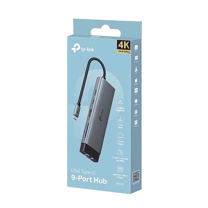 Hub USB-C TP-Link 9 en 1, HDMI 4K 60Hz, PD 100W, Ethernet Gigabit, SD/microSD, Puertos USB-C 5Gbps y 3× USB-A, Plug & Play, Compatible con MacOS, Windows, iOS, Android, ChromeOS (UH9120C)