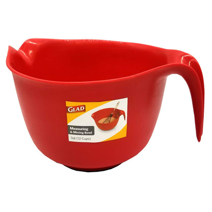 GLAD - tazón para mezclar con asa, 3 cuartos de galón, plástico resistente con boquilla de vertido y base antideslizante, apto para lavaplatos para cocinar y hornear, color rojo