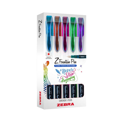 Zebra Pluma Fuente Desechable Z-Fountain Pen, Tinta Líquida - Multicolor - Estuche 5 Piezas