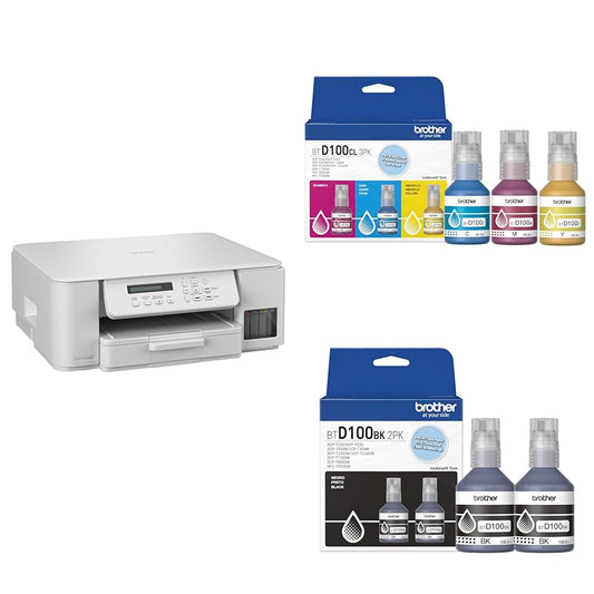 Brother Impresora Multifuncional 3 en 1 Inyección DCP-T536DW | Paquete de Botellas de tintas Color Negro BTD100BK | Botellas de tintas Color Cian, Magenta y Amarillo BTD100CL3PK
