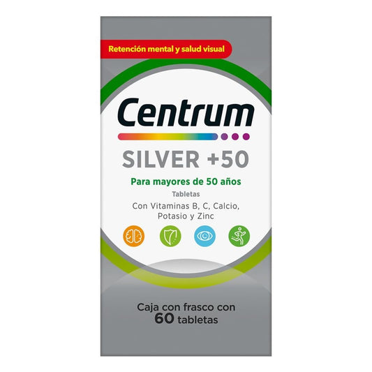 Centrum Multivitamínico Silver +50 con Magnesio, Vitamina C, Calcio, Potasio y Zinc, 60 Tabletas