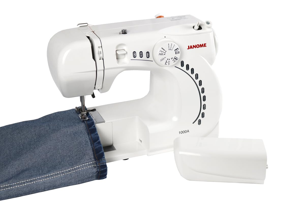 Janome 1000A Máquina de Coser Mecánica Portátil, 6 Puntadas, Ojal en 4 Pasos y Brazo Libre – Ideal para Principiantes y Mezclilla