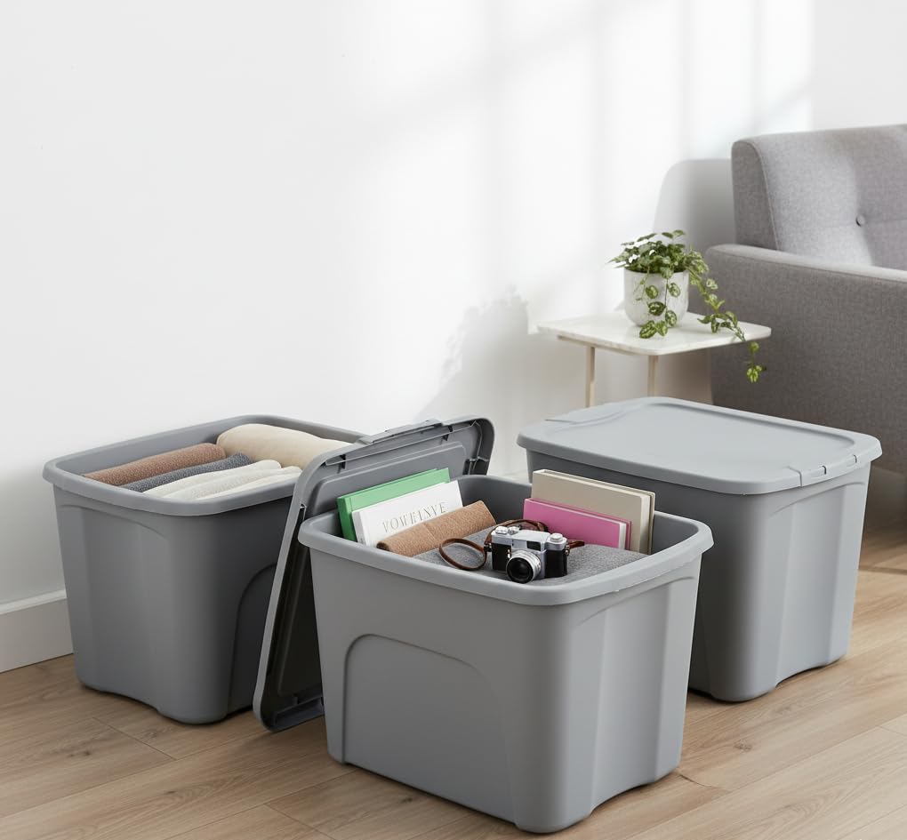 Italhome 3 Cajas Organizadoras de Plástico color Gris, Contenedores Multiusos con Tapa para Almacenamiento Box 87 L