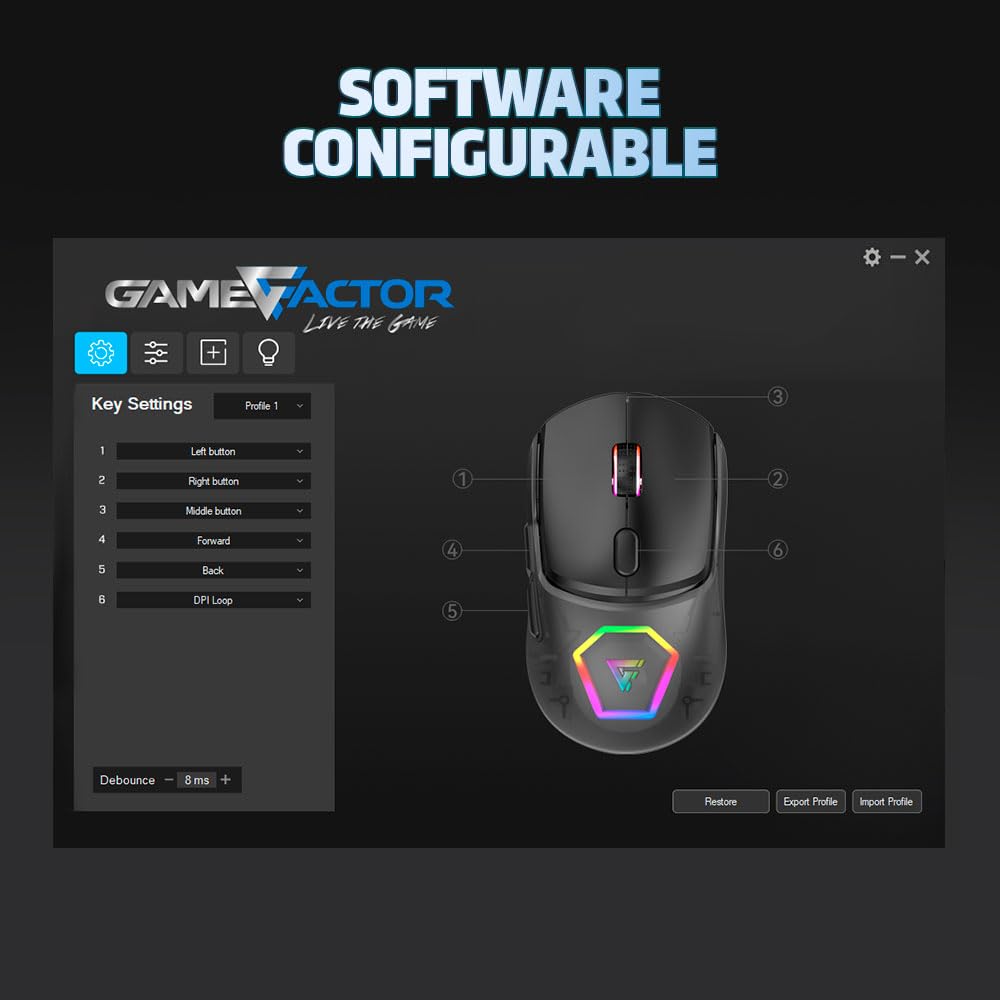 GAME FACTOR MOW700-BK Mouse Inalámbrico Gaming, Multiconectividad 2.4GHz y Bluetooth, Sensor Pixart 3395, 26,000 dpi, RGB, Carcasas Intercambiables, Batería Recargable, Compatible con PC y Laptops