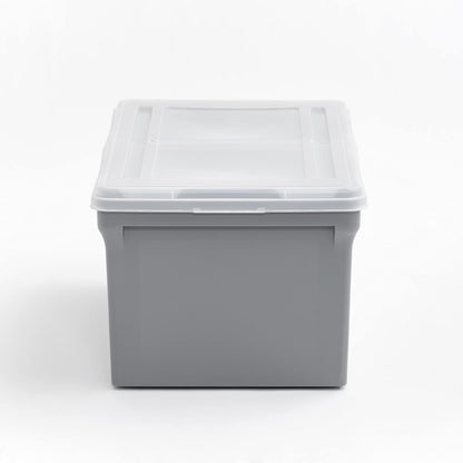 IRIS USA 42 L Caja de Archivos Plástica con Tapa de Bisagra para Archivos Carta/Legal, 4 Paquete, Bin Organizador Libre de BPA, Apilable y Anidable, Gris/Translúcido