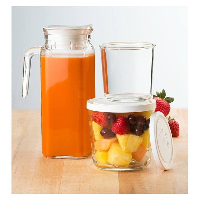 Borgonovo - JIgloo Quadra | Jarra vidrio con tapa 1L | Anti goteo | Tapa azul y asa | Cristalería Italiana para bebidas frías y calientes | Ideal para Refrigerador (Aqcua)