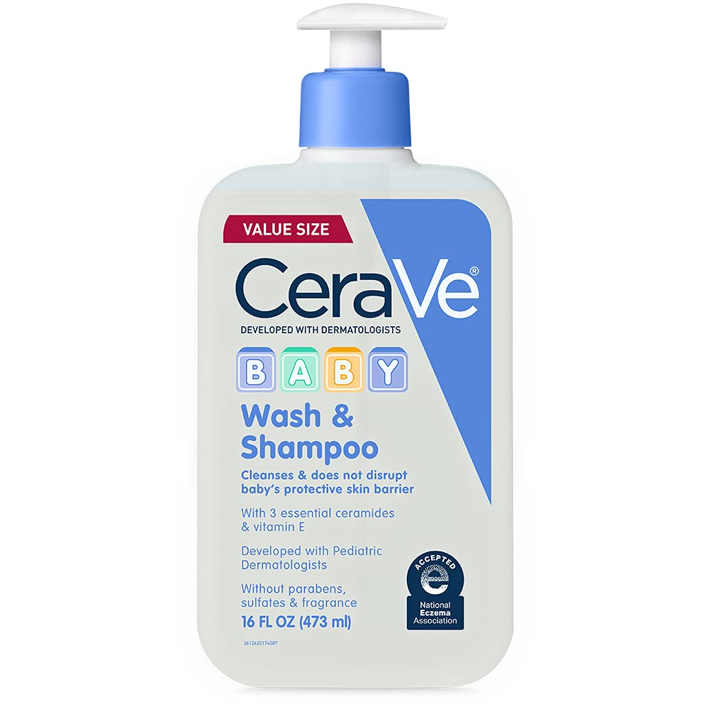 CeraVe Baby Wash Y Shampoo 16 Oz | Limpieza 2 en 1, Libre de Lágrimas, Sin Fragancia, Parabenos, Tintes, Ftalatos, Sulfatos, Con Vitamina E