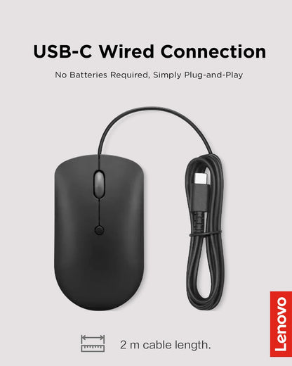 Lenovo 400 USB-C - Mouse con Cable Compacto - Mouse portátil Compatible con Bolsillo para portátil o Monitor de computadora Grande, Color Negro