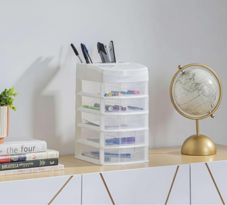 Italhome Cajonera De Plástico, Mini Organizador De Escritorio Multiusos Con 5 Cajones Transparentes Sesia